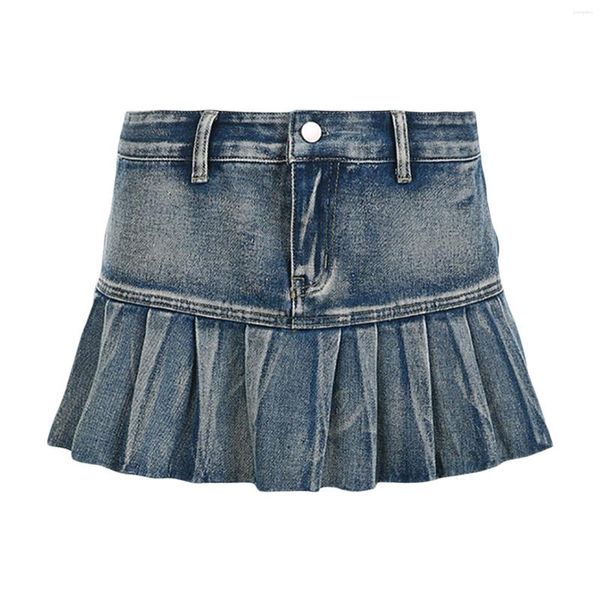 Jupes Y2K Mini Jean Femme Mode Taille basse Denim plissé court évasé Slim Preppy Girl Streetwear