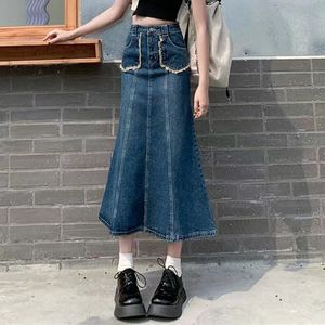 Rokken y2k dames streetwear Koreaanse vintage knie lengte denim midi lange rok hoge taille rechte grunge jeans maxi jean rokken kleding 230308