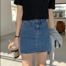 Faldas yauamdb para mujeres longitud de rodilla de verano s-xl jeans femenino falda botón de cintura alta bolsas de ropa sólida ropa ly41