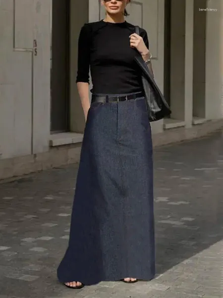 Jupes yeezzi femmes imitation de mode denim h-line hauteur taille longue 2024 printemps d'été des poches de couleur solide lâche maxi jupe