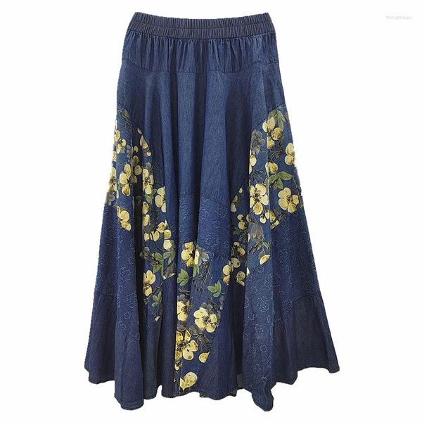 Jupes jaunes floraux denim printemps de haute qualité bohème vintage contraste décontracté couleur mode classique élégant prairie chic