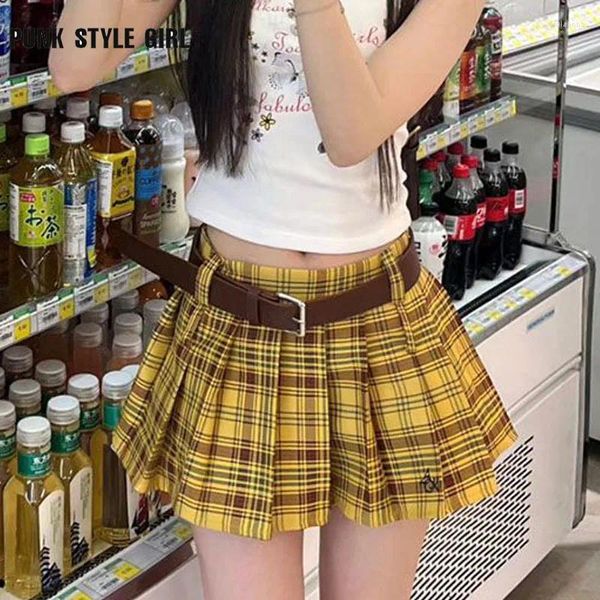 Jupes Jaune Plaid Imprimé JK Jupe de fille plissée Harajuku Dance micro-patineur haute taille y2k esthétique grunge kawaii mini-fête