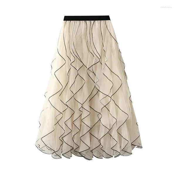Skirts Yemoggy Mesh A-Line para Autumn Women 'Falda 2023 Patrón de ondas de la cintura elástica Fairy Ruffy Swing maxi forre