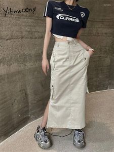 Rokken Yitimuceng Hoge Taille Cargo Voor Vrouwen 2024 Mode Streetwear Split Midi Rok Chic Solid Pockets Straight Y2k