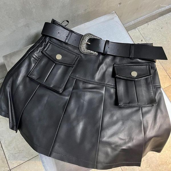 Jupes yoloagain 2023 Automne en cuir sincère en cuir jupe plissée femme A-line mini streetwear dames