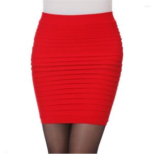 Rokken jrrety mode high taille stretch mini rok slanke vrouwen sexy potlood gevouwen korte snoepkleuren dame kantoor zomers bodem kleren