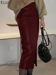 Jupes ZANZEA 2024 Mode Fente Latérale PU Cuir Femmes Élégant Taille Haute Moulante Gaine Midi Jupes Automne Sexy Slim Faldas Mujer