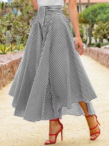 Faldas ZANZEA Bohemian Long Casual Lace Up Zip Saias Jupe Faldas asimétricas de gran tamaño Summer Women Striped Maxi Skirt 221115