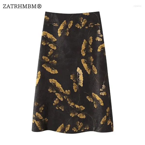 Jupes ZATRHMBM Femmes 2024 Automne Mode Imprimé Floral Jupe Midi Vintage Fermeture À Glissière Latérale Droite Taille Haute Femme Mujer