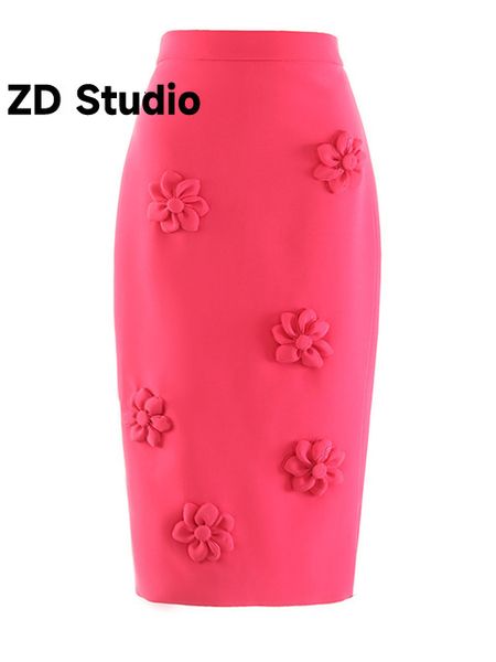 Jupes zd studio hauteur taille rose rouge fleur rouge long élégant mi-corps jupe femmes printemps automne 230817