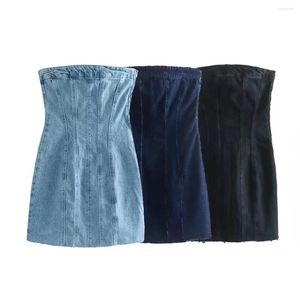 Jupes Zevity femmes mode épaules dénudées sans bretelles mince court Denim Mini chemise robe dames côté fermeture éclair décontracté fête Vestidos