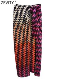 Faldas Zevity Mujer Vintage Color Match estampado geométrico anudado pareo Midi falda Faldas Mujer señoras Chic cremallera lateral Vestidos QUN964 230110