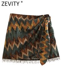 Rokken ZEVITY DROMEN VINTAGE GEOMETRISCHE GRUK Knoopte Mini Sarong Rok Faldas Mujer Vrouwelijke kralen Tassel Casual ritsvestidos QUN1436 230417