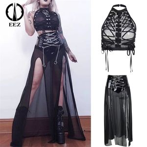 Rokken Rits Terug Lakleer Ketting Kriskras Lace Up Zwarte Split Rok Dames Doorzichtige Halter Korset Coquette Mesh Crop Tops 231023