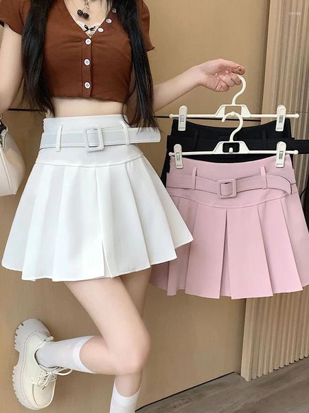 Jupes Zoki Japon Doux Ceinture Blanc Jupe Plissée Femmes Sexy Taille Haute Mini Été Preppy Style Femme Casual Une Ligne Rose