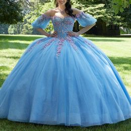 Skly bleu robe de bal robe de bal Quinceanera robe chérie Applique perlée 3DFlowers Tulle robes formelles vestidos de 15