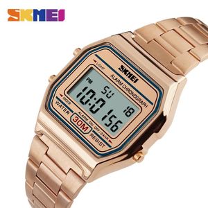 SKMEI mode montre de Sport décontractée hommes bracelet en acier inoxydable affichage LED montres 3Bar étanche montre numérique reloj hombre 1123271p