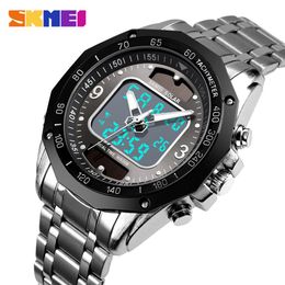 Reloj SKMEI de marca de lujo a la moda para hombre, correa de acero inoxidable resistente al agua de 3 barras, reloj de cuarzo con doble pantalla para hombre, reloj masculino 1493231a