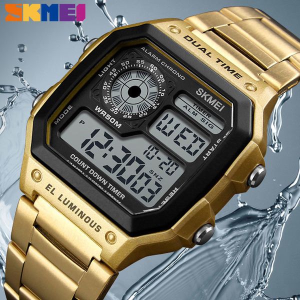 SKMEI Luxury StainlSteel Band BusinMen Relojes Cuenta atrás Reloj impermeable Moda Creativa Relojes de pulsera digitales Reloj X0524