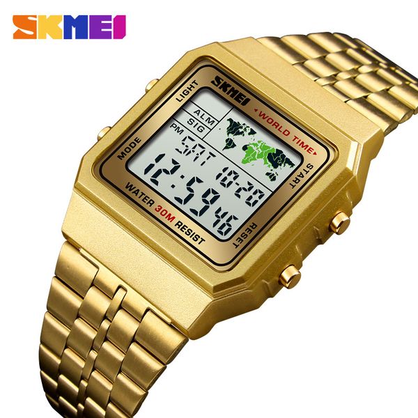 SKMEI Mens Watch Reloj Digital Hombre Montre Hommes Militaire Étanche Golden Watch StainlSteel Mode Électronique Montres X0524