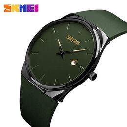 Reloj de cuarzo SKMEI para hombre y mujer, relojes de pulsera a la moda para hombre y mujer, relojes de esfera pequeña de PU a prueba de agua, reloj verde militar masc 15091909