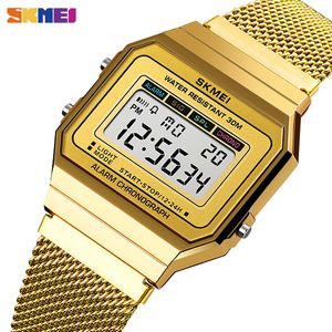 Skmei Sport Mens LED Watches Slim Dial Digital Hombres Relojes de pulsera Banda de acero inoxidable Hombres a prueba de agua Reloj Hombre 1639 Q0524