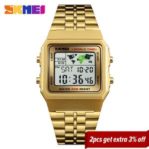 Skmei Top Moda de lujo Moda Sport Watch Men Reloj de alarma 3Bar impermeable Correa de acero inoxidable Relojes digitales Reloj Hombre 1338 Q0524