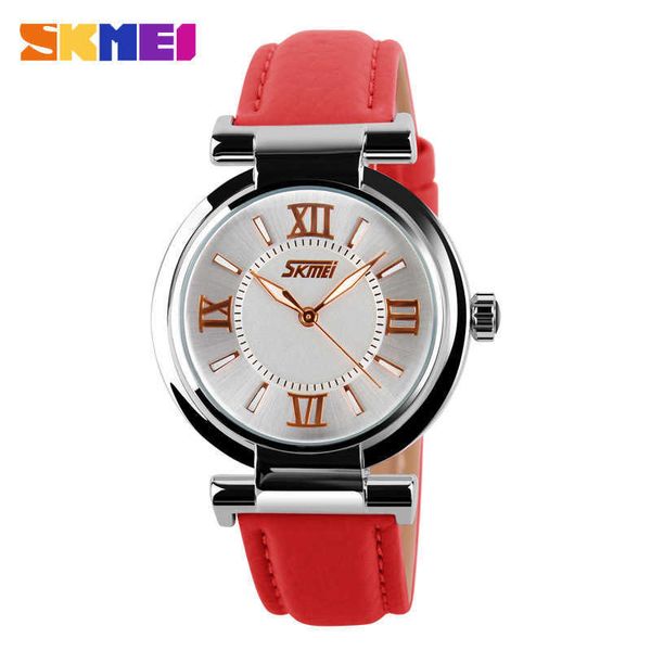 SKMEI Reloj Mujer Moda Relojes de marca de lujo 3Bar Impermeable Correa de cuero simple Relojes de pulsera de cuarzo Reloj Mujer 9075 210616