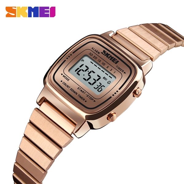 Relojes deportivos SKMEI para mujer, reloj de pulsera informal dorado para mujer, reloj Digital electrónico LED resistente al agua hasta 5ATM, reloj femenino 210310