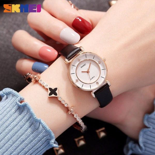 Relojes SKMEI para mujer, relojes de pulsera de cuarzo a la moda para mujer, reloj de pulsera con diamantes estrellados para mujer, correa de cuero resistente al agua, relojes vrouwen 1330279b