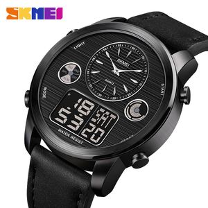 SKMEI World Time Digital Men Horloges Dual Movement Fashion Mens Polshorloge Led Chrono Lederen Band Mannelijke Klok Reloj Hombre 1653 Q0524