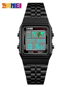 Skmei World Time Multifunction Watch Fashion rechthoek roestvrijstalen band digitale horloges waterdicht 1224 uur kalenderalarm W9052205