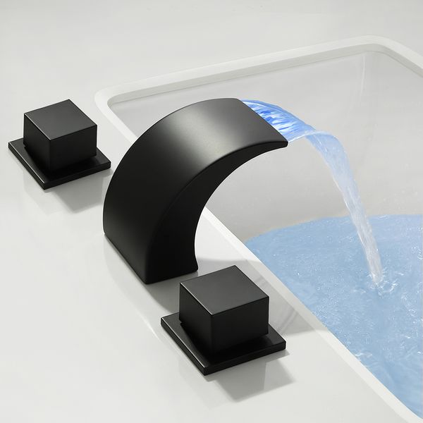 Skowll LED Waterfall Bathroom Dishor Savel Faucet 3 trous Dual Handle Deck Mount Bathtub Robinet Mixer, Matte Black HG-1182DC