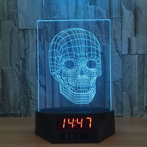 Skull 3D Illusion Night Lights LED 7 Color Change Desk Lamp Klokfunctie # T56