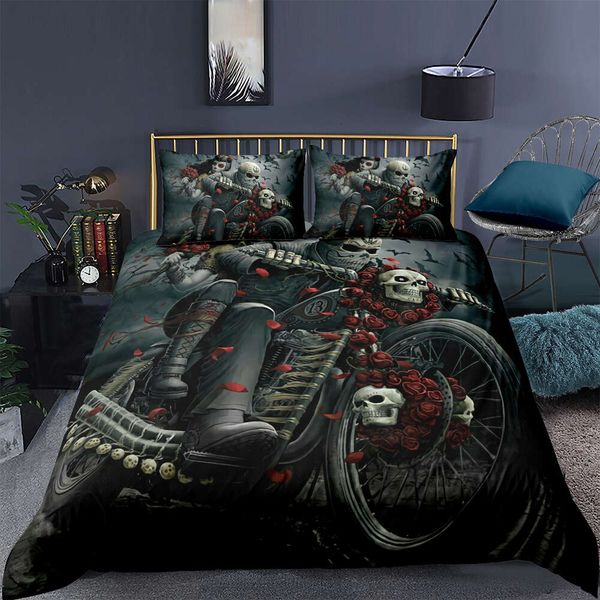 Juego de ropa de cama con calavera, juegos de fundas de edredón negras en 3D, fundas de edredón Love the Skeleton, fundas de almohada, tamaño doble, individual y doble