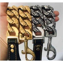 Skull Designer Dog Chain Collar Leash Rvs 32mm Pitbull Bulldog Collar Lood Trainng Kraag Grote Hond Pet Accessoires 210729