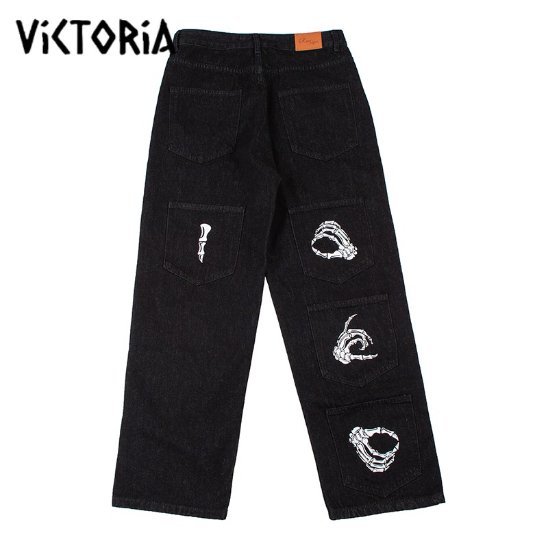 Skull Fried Street Straight Pants Cross-Bent Jeans Boys High midja Stora svarta jeans Y2K Loose Cargo Pants Men Kot Pantolon