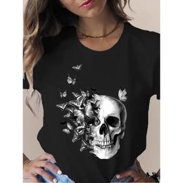 Crâne tête papillon fleur imprimé femmes t-shirt à manches courtes col rond lâche t-shirt dames t-shirt hauts Camisetas Muje 240315