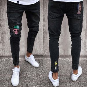 Jeans crâne pour hommes, pantalon de motard noir drapé déchiré, pantalon crayon Long, vêtements 261v