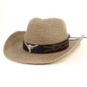 Tête de mort en cuir ceinture décoration Western Cowboy chapeau hommes femmes large bord chapeau de paille plage chapeau de soleil avec coupe-vent corde casquette d'équitation
