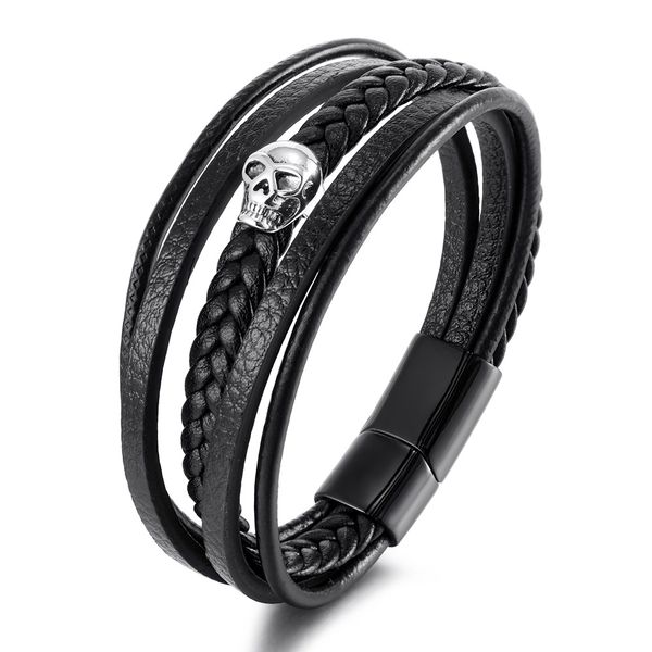 Bracelet en cuir tête de mort pour hommes et femmes, chaîne à maillons squelette, bracelet en corde véritable avec acier inoxydable, bijoux gothiques Punk, fermoir magnétique