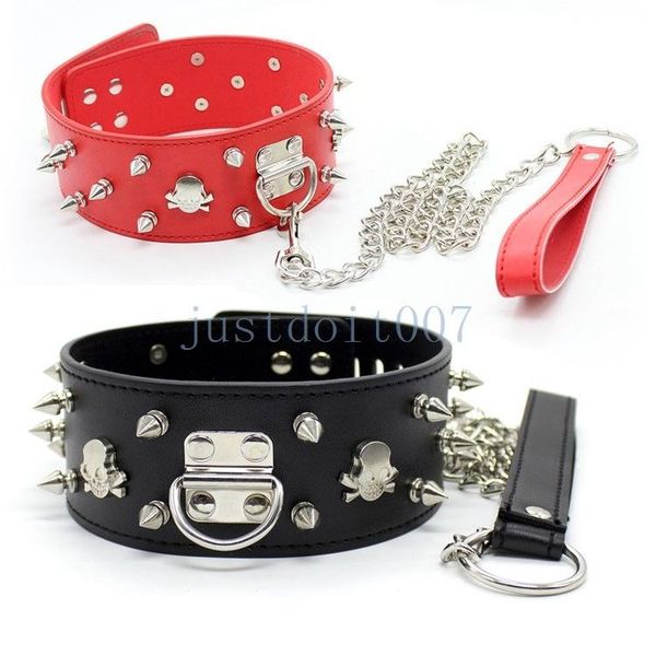 Bondage Skull Leather Rivet Spiked Neck Collar Restricciones Chain Leash Kinky Couple Game 562A