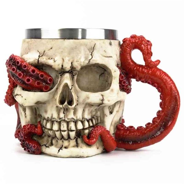Tasse de crâne dévorée Octopus Skull Tankard 304 en acier inoxydable thé intérieur café bière tasses tasse meilleur cadeau d'anniversaire d'Halloween 400ml 210409