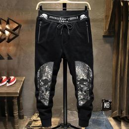 Pantalon à pois imprimé crâne pour hommes, décontracté, taille moyenne, styliste, strass, Micro élastique, noir, Style de rue pour jeunes, ceinture élastique261w