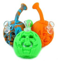 Crâne Citrouille conduite d'eau 6quot Fumer Dab Rig Halloween Silicone Bong avec bol en verre LED lumière portable243O3026056