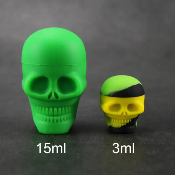 Récipients de concentré de silicone de crâne 3 ml / 15 ml Bocaux de stockage de nourriture antiadhésifs avec outil de sculpture Récipient de cire d'Halloween Boîte d'huile de tabac LL