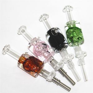 Schedel rokende pijpen glas nectar bong kit met kwarts -stailleloze stalen tips 14 mm koelolie vloeistof glycerine in dab rietolie rigs