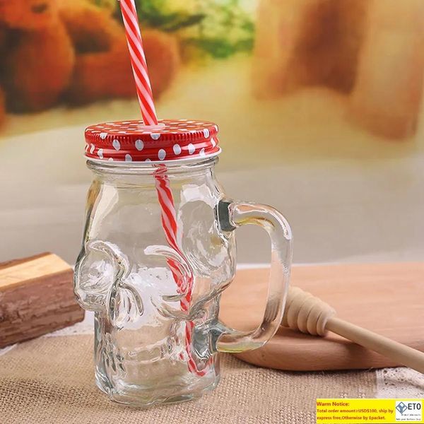 Tasse en verre de paille de crâne avec poignée de couvercle 400ml grande tasse de boisson de jus de maçon tasse créative en forme de crâne boisson froide