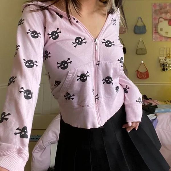 Pull crâne pour femmes, vêtements y2k, esthétique Kawaii, fermeture éclair, manches longues, poche supérieure, Punk gothique, vêtements de rue, 240118