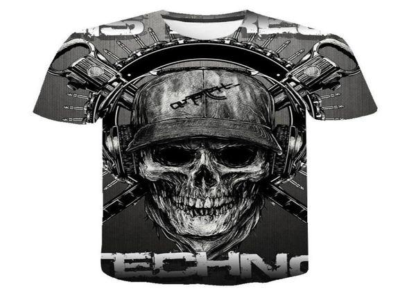 Camiseta de calavera para hombre, camiseta de esqueleto, camiseta de Punk Rock, camisetas de pistola, camiseta con estampado 3d, ropa Vintage para hombre, tops de verano de talla grande 6XL1342445